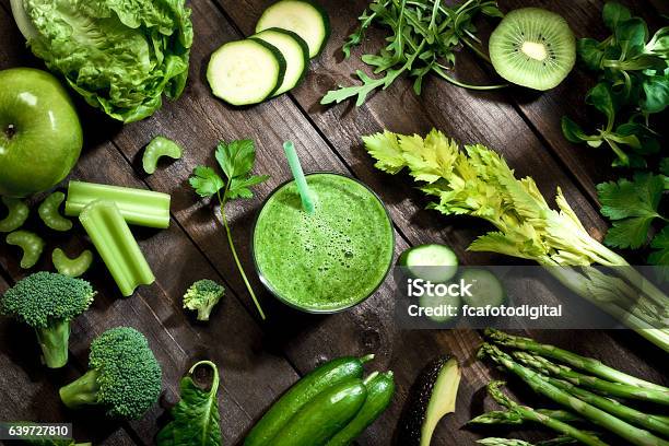 Detox Diet Concept Green Vegetables On Wooden Table Stock Photo - Download Image Now