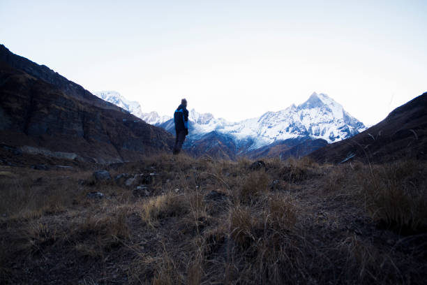 istock Hiker standing and looking at mountains view in the morning 639728498