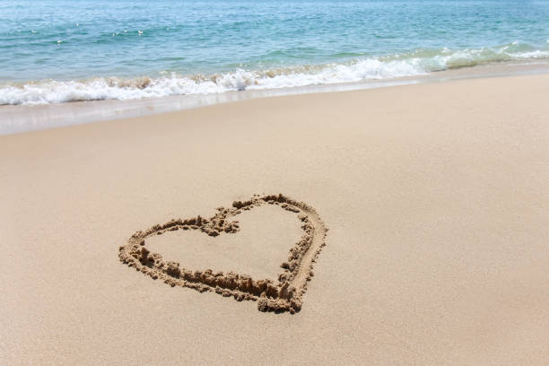 istock Heart shape, love symbol written at the sand beach 639729880