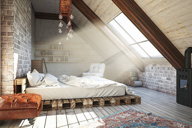 dachgeschoß schlafzimmer - rustic bedroom cabin indoors stock-fotos und bilder