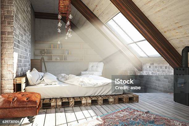 Attic Bedroom Stock Photo - Download Image Now - Bedroom, Attic, Log Cabin