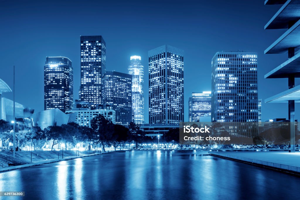 Los Angeles Modern bildings in downtown Los Angeles at night Night Stock Photo