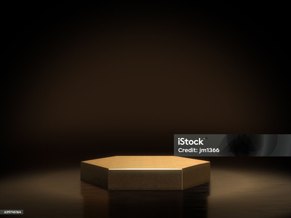 Pedestal for display,Platform for design,Blank product stand.3D rendering. Pedestal for display,Platform for design,Blank product stand.3D rendering.Pedestal for display,Platform for design,Blank product stand.3D rendering. Gold - Metal Stock Photo