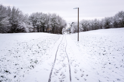 Bike path covered by snow in UK winter in Milton Keynes 2