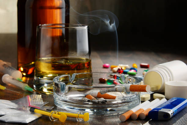 Addictive substances, including alcohol, cigarettes and drugs Variety of addictive substances, including alcohol, cigarettes and drugs hallucinogen stock pictures, royalty-free photos & images