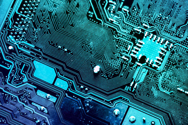 istock Close up of a printed computer circuit board. Vertical stripes. 639751166