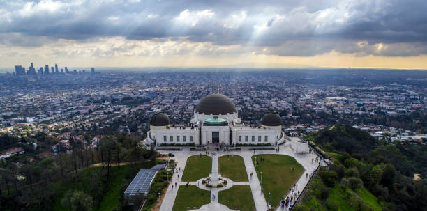 Drone Photograph of the Griffith Observatory Drone Photograph of the Griffith Observatory griffith park observatory stock pictures, royalty-free photos & images