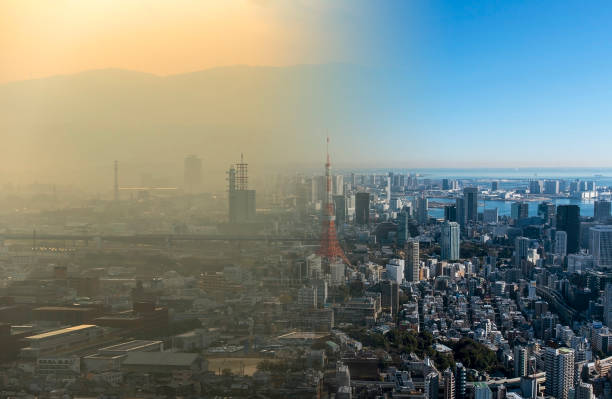 clean and dirty air over a big city - toxic substance smoke abstract green imagens e fotografias de stock