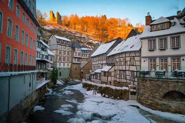 half-timbered houses in Monschau during winter