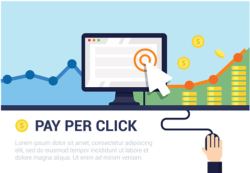 Pay Per Click flat style vector banner. Internet advertising, online marketing concept. Modern illustration for web design, marketing and print material.