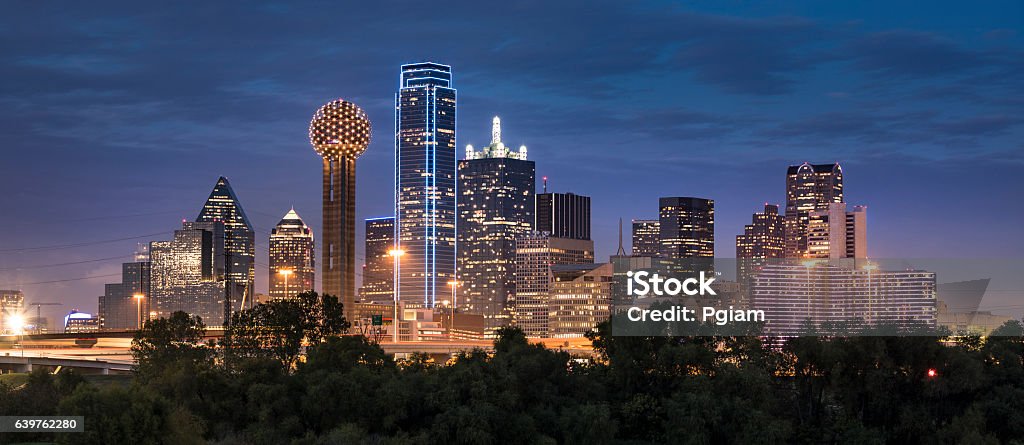 Dallas Texas Skyline and Reunion Tower panoramic Dallas downtown cityscape panorama in Texas USA Dallas - Texas Stock Photo