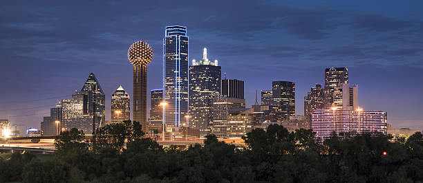 Dallas Texas Skyline and Reunion Tower panoramic Dallas downtown cityscape panorama in Texas USA reunion tower photos stock pictures, royalty-free photos & images