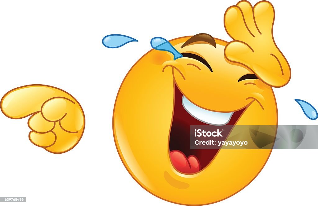 Laughing with tears and pointing emoticon Emoticon laughing and wiping tears away while pointing at something or someone with his other hand Laughing stock vector