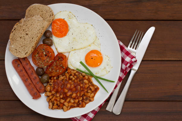 fried eggs with bread, sausages and beans on white plate