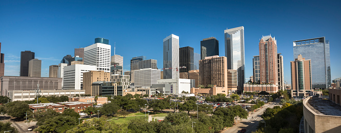Downtown city view panoramic of Root Park and Houston Texas USA