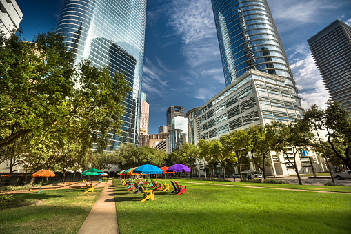 Glass skyscrapers in the city of Houston Texas USA