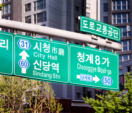 Seoul road overstreet highway direction sign with a large appartment building in the background.