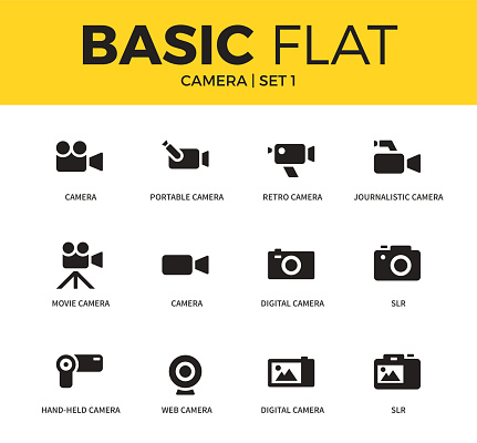 Basic set of movie camera, journalistic camera form and web camera form icons. Modern flat pictogram collection. Vector material design concept, web symbols and logo concept.
