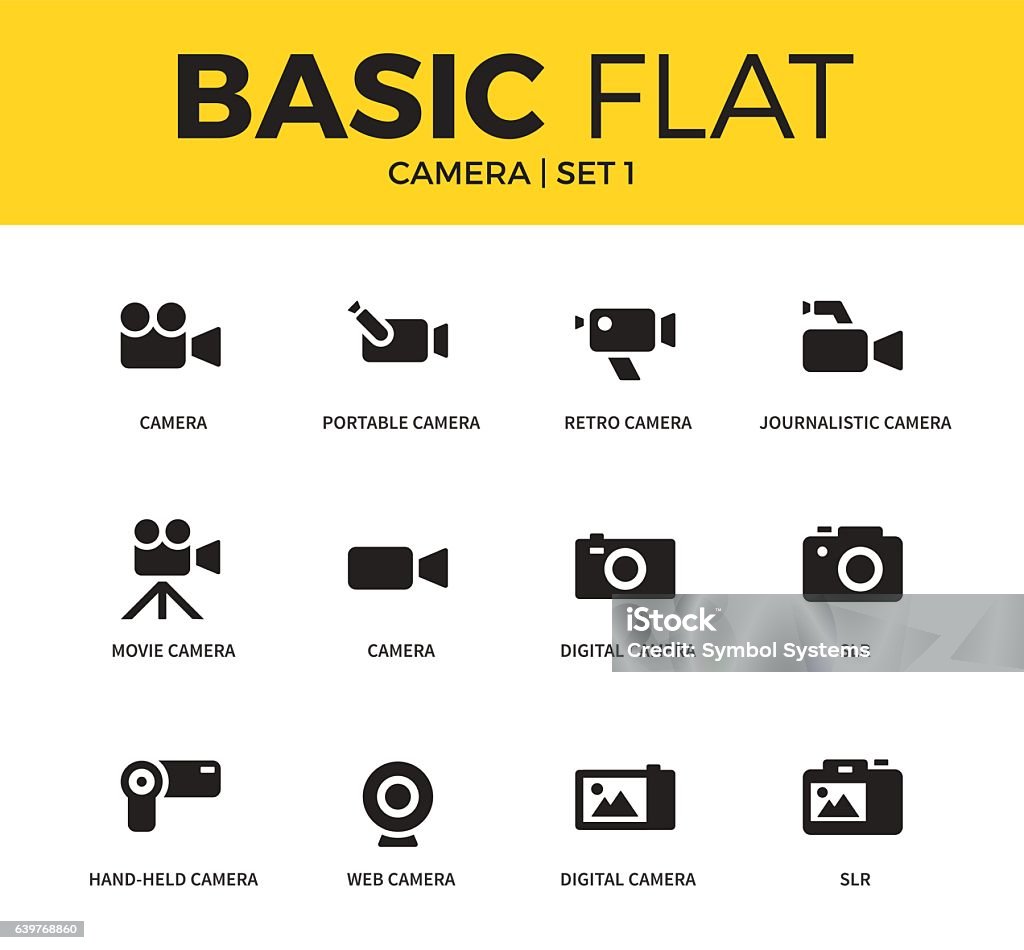 Basic set of Camera icons Basic set of movie camera, journalistic camera form and web camera form icons. Modern flat pictogram collection. Vector material design concept, web symbols and logo concept. Home Video Camera stock vector