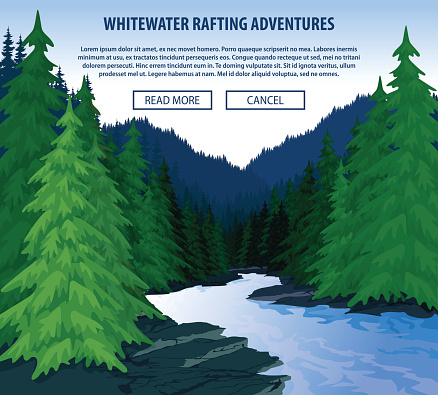 Vector whitewater rafting background theme. Extreme travel rafting outdoor trip concept.