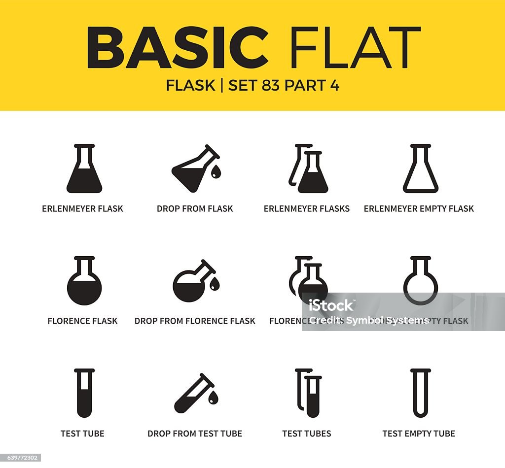 Basic set of flask icons Basic set of drop flask, test tube and test empty tube icons. Modern flat pictogram collection. Vector material design concept, web symbols and logo concept. Icon Symbol stock vector