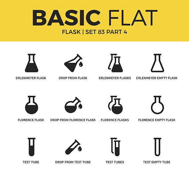 Basic set of flask icons Basic set of drop flask, test tube and test empty tube icons. Modern flat pictogram collection. Vector material design concept, web symbols and logo concept. test tube stock illustrations