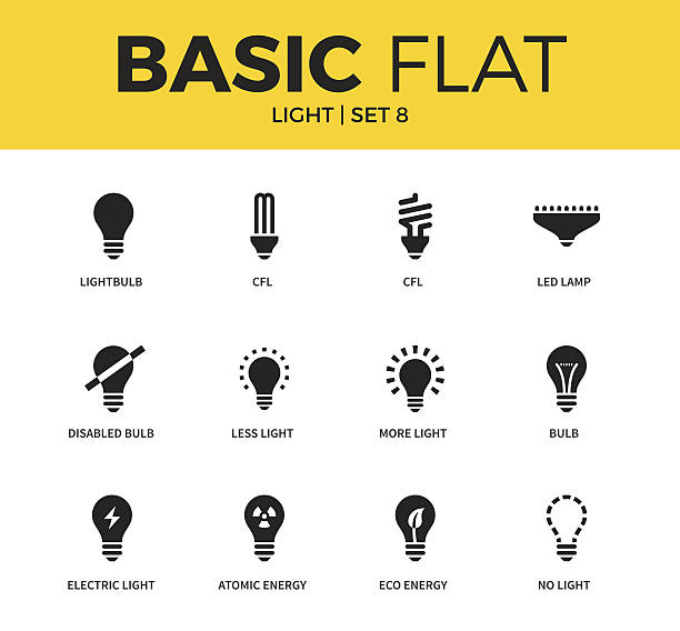 ilustraciones, imágenes clip art, dibujos animados e iconos de stock de conjunto básico de iconos de luz - led diode light bulb bright