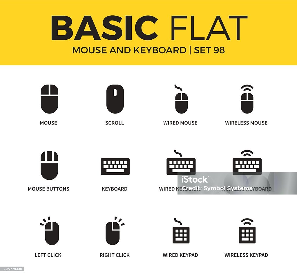 Basic set of Mouse and keyboard icons Basic set of scroll, mouse buttons and wired keyboard icons. Modern flat pictogram collection. Vector material design concept, web symbols and logo concept. Computer Key stock vector