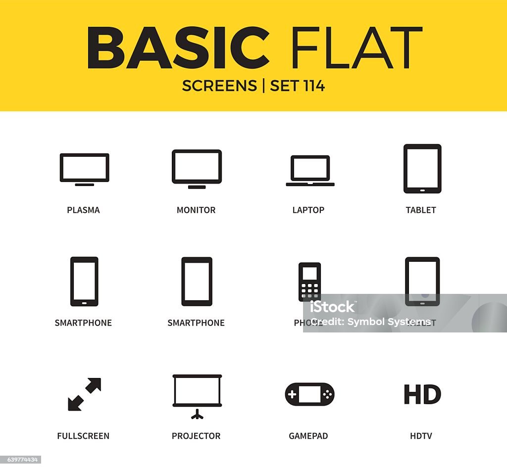 Basic set of Device screen icons Basic set of smart phone, tablet and plasma icons. Modern flat pictogram collection. Vector material design concept, web symbols and logo concept. Icon Symbol stock vector