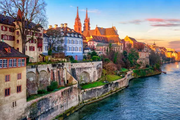 Old town of Basel with red stone Munster cathedral on the Rhine river, Switzerland