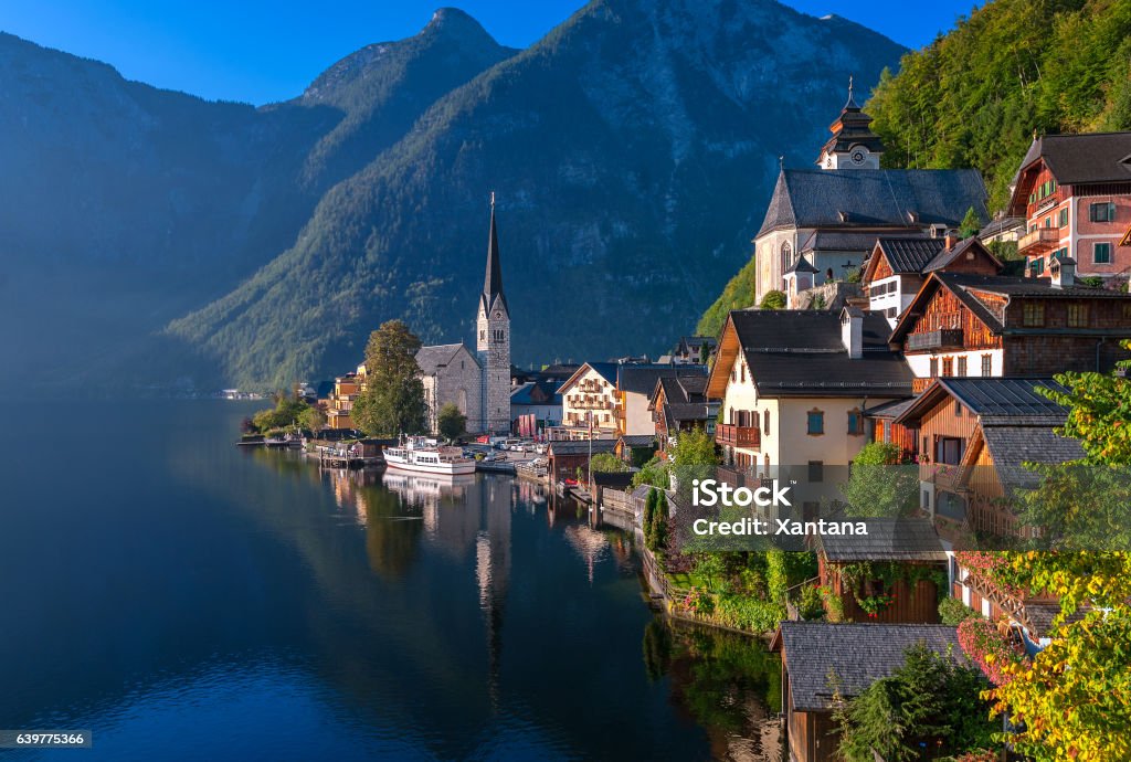 Idyllic alpine lake village Hallstatt,  Austria Architecture Stock Photo