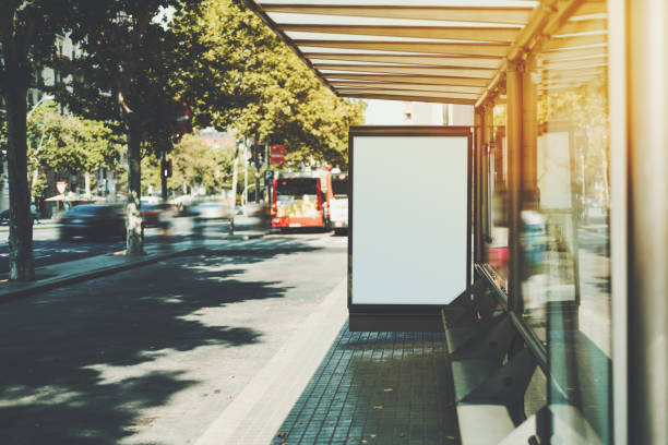 white billboard on city bus stop - bus stop imagens e fotografias de stock