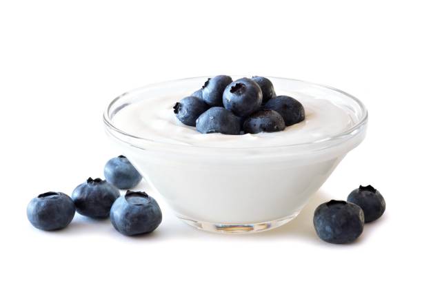 블루베리를 화이트 위에 얹은 요구르트 의 투명한 그릇 - greek yogurt 뉴스 사진 이미지
