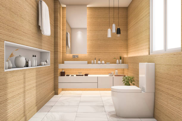 istock 3d rendering spacious and beautiful toilet with white wood design 639779678