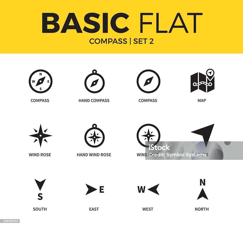 Basic set of compass icons Basic set of wind rose form, hand wind rose and map icons. Modern flat pictogram collection. Vector material design concept, web symbols and logo concept. Icon Symbol stock vector