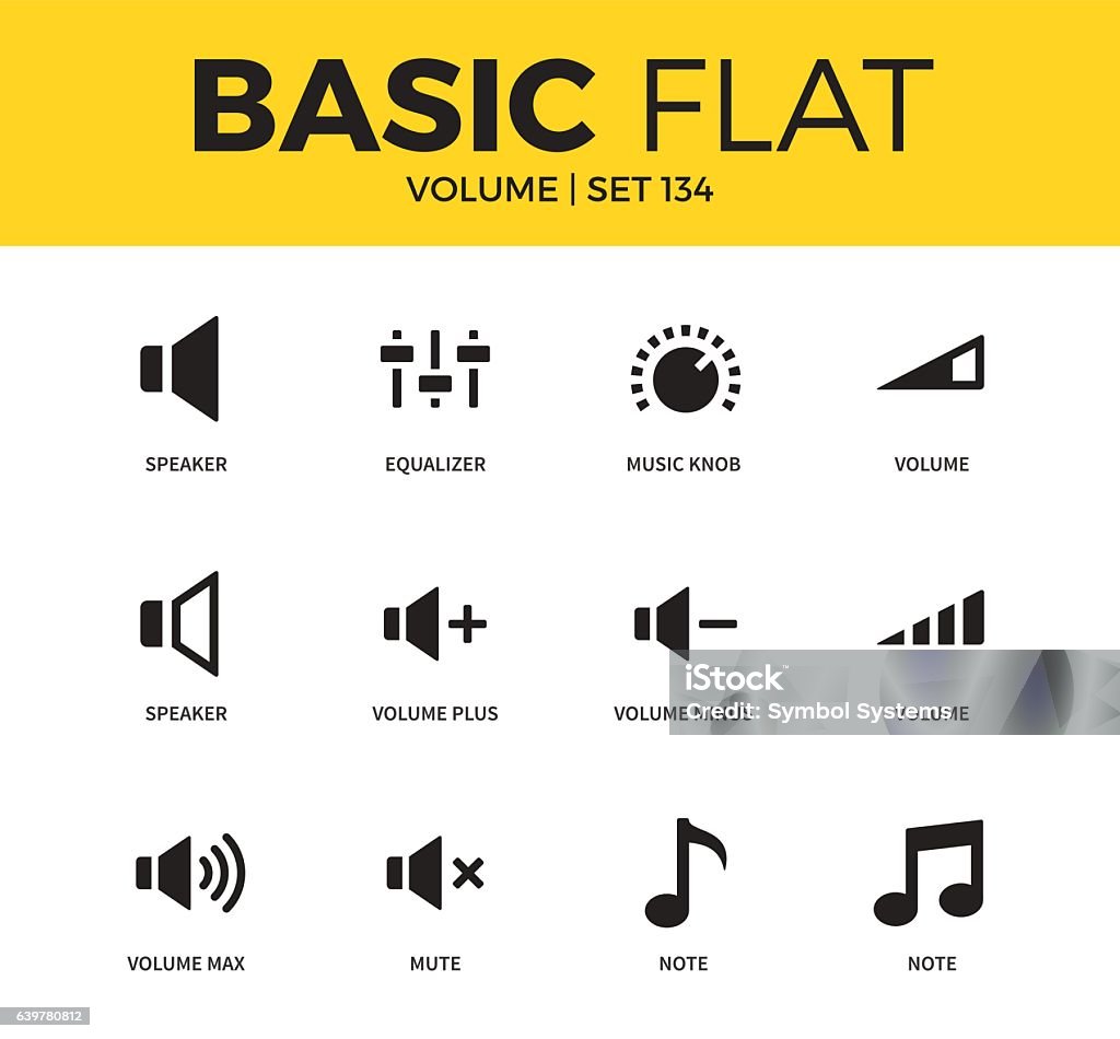 Basic set of icons Basic set of volume plus, note and speaker icons. Modern flat pictogram collection. Vector material design concept, web symbols and logo concept. Icon Symbol stock vector