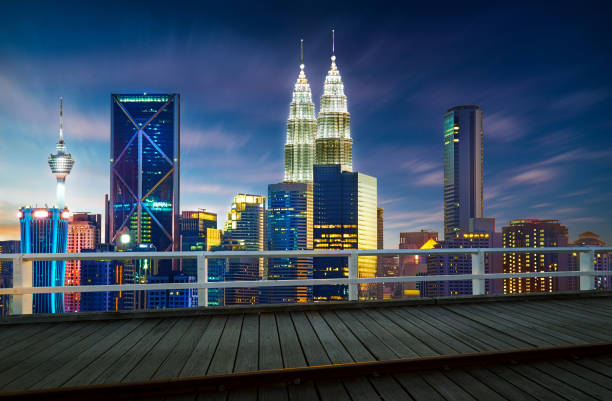 Empty wood floor in front of Kuala Lumpur City skyline with urban skyscrapers at sunset.