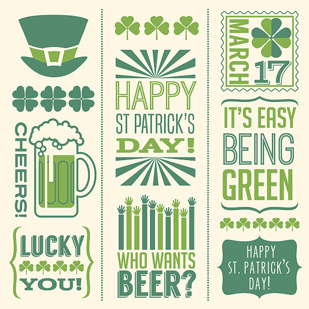 성 패트릭의 날 디자인 요소 배너, 인사말 카드, 초대장 - st patricks day clover four leaf clover irish culture stock illustrations