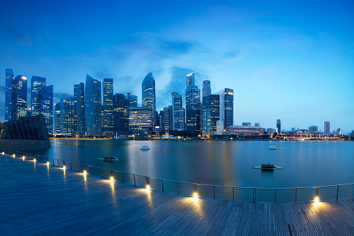 Marina bay at morning, View from Marina bay sands, Singapore skyline, Marina Bay is a bay located in the Central Area of Singapore. Marina bay is business district of singapore.