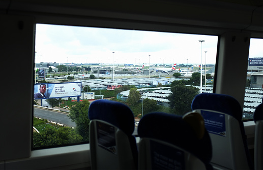 Johannesburg, South Africa - December 12, 2016: OR Tambo Airport in Johannesburg, South Africa's biggest international airport, seen from the interior of the Gautrain, a modern railway system that connects Johannesburg, Pretoria and the airport.