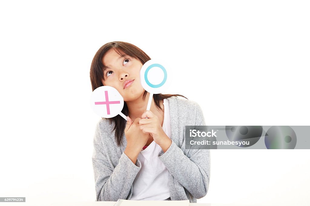 Girl are deciding yes or no Girl making decision between yes or no Choice Stock Photo