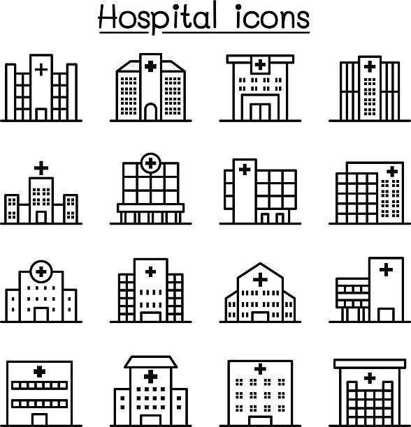 illustrazioni stock, clip art, cartoni animati e icone di tendenza di icona dell'edificio ospedaliero impostata in stile linea sottile - clinica medica