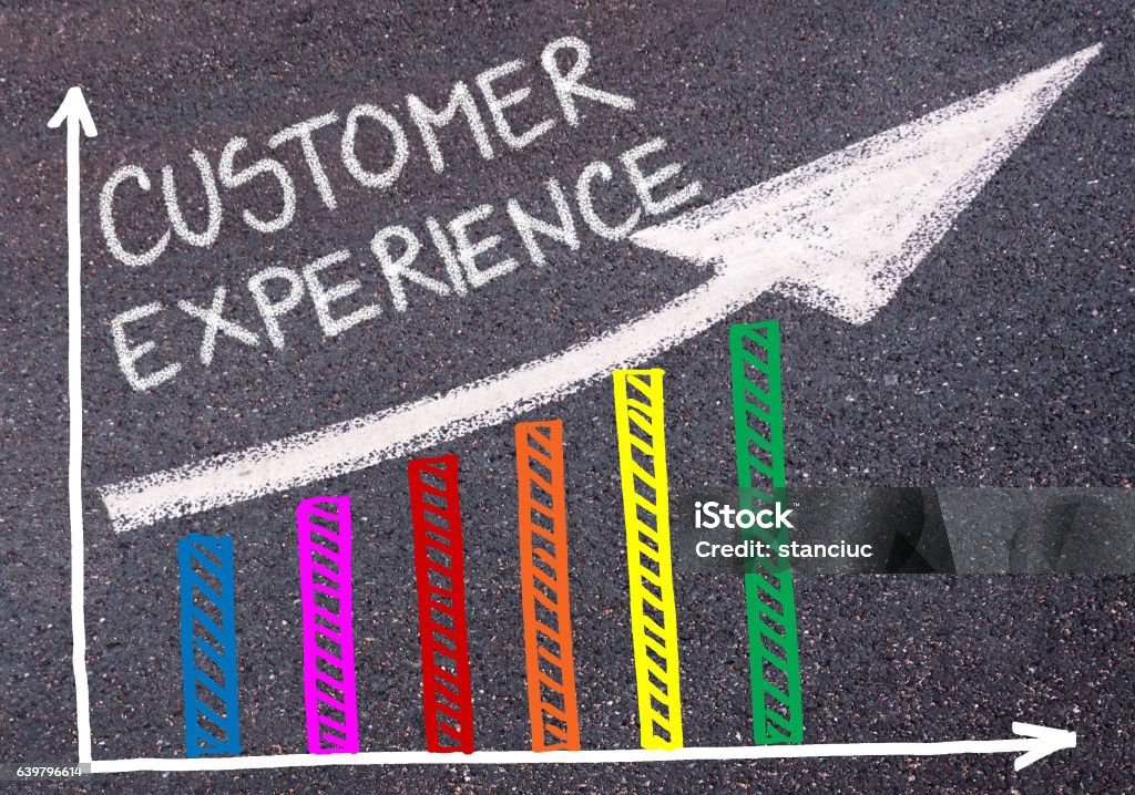 CUSTOMER EXPERIENCE written over colorful graph and rising arrow CUSTOMER EXPERIENCE written with chalk on tarmac over colorful graph and rising arrow, business marketing and creativity concept Customer Experience Stock Photo