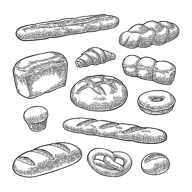 illustrations, cliparts, dessins animés et icônes de essé dans le pain. gravure vintage en noir vectoriel - pretzel isolated bread white background