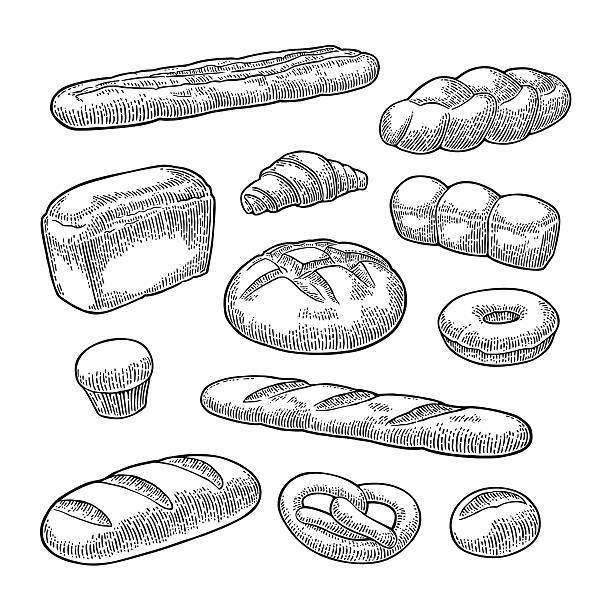 ilustrações, clipart, desenhos animados e ícones de coloque pão. gravura vintage vetorial preta - bread white background isolated loaf of bread