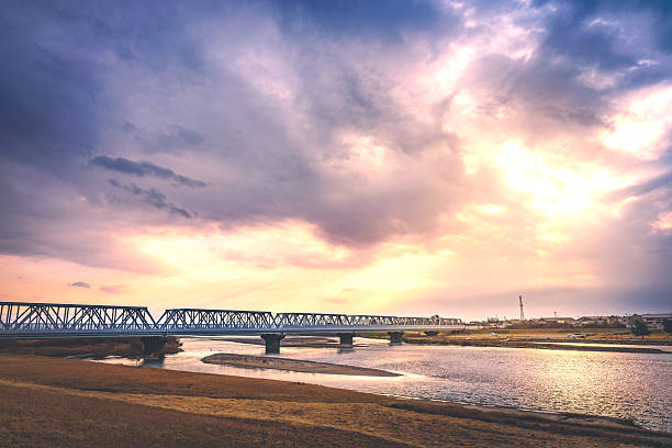 Scenery of the iron bridge over the river in Ishikawa, Japan