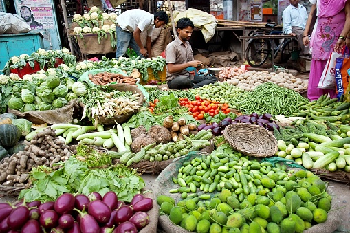 Jaipur, India - July 30, 2011: Young Indian man at his vegetable shop, other vendors in the background. Street vendors provide local people with fresh and cheap produce and are widly spread through out the city