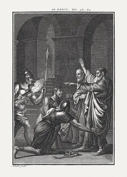 Paul and Silas in the Prison (Acts 16, 29-31). Copper engraving by Carl Schuler, published c. 1850.
