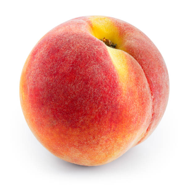 桃。白で熟した果実。クリッピングパス付き。 - ripe peach ストックフォトと画像
