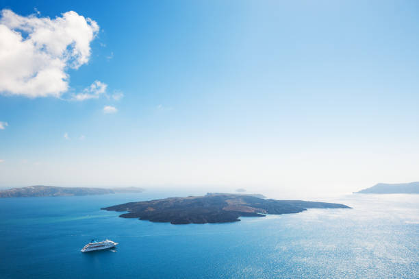 Cruise ship in the sea. Santorini island, Greece.